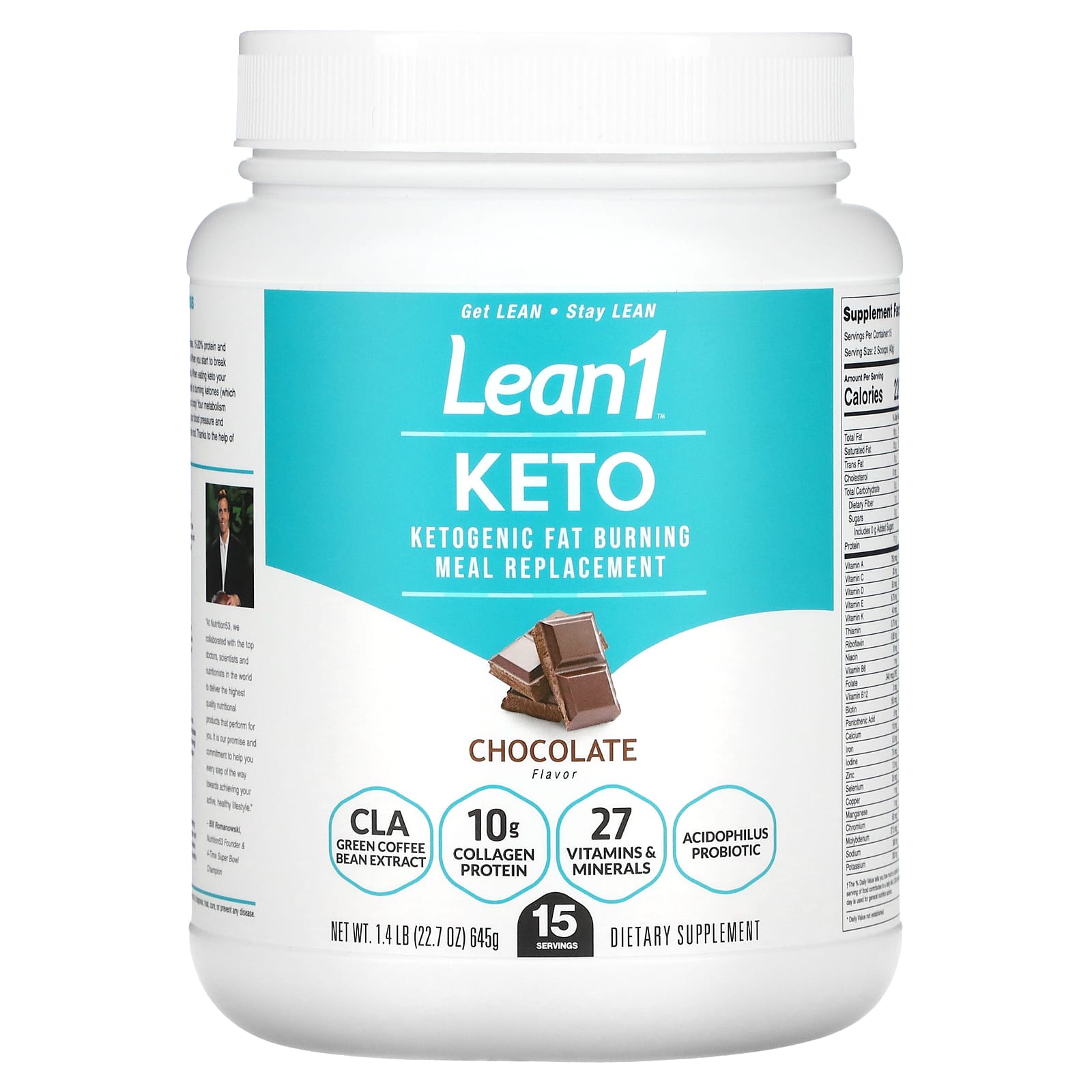 Lean1-Keto-Ketogenic Fat Burning Meal Replacement-Chocolate-1.4 lb (645 g)