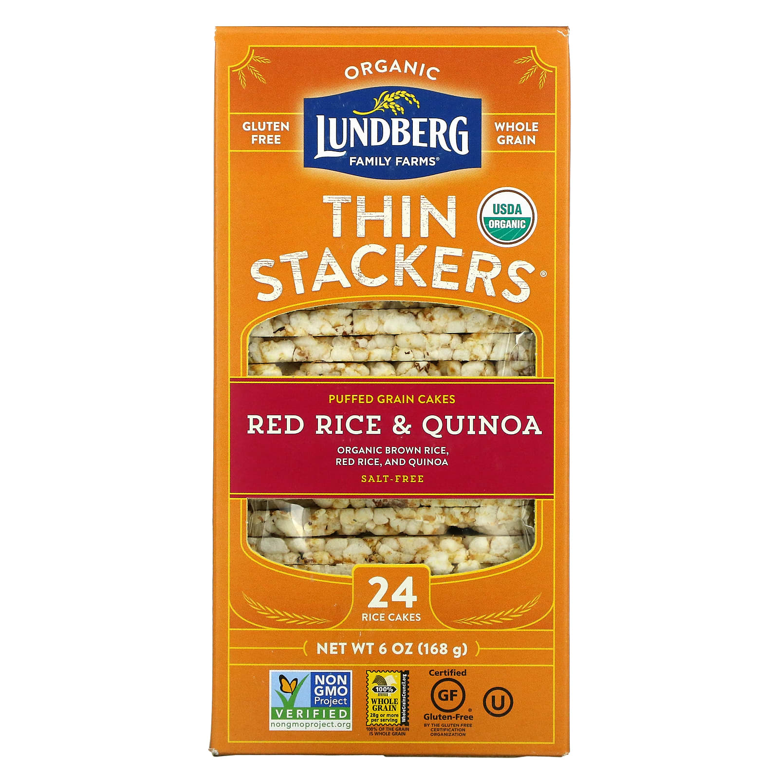 Lundberg-Organic Thin Stackers-Puffed Grain Cakes-Red Rice & Quinoa-Salt-Free-24 Rice Cakes-6 oz (168 g)