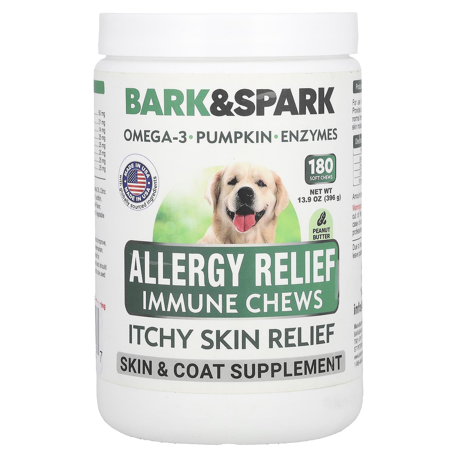 Bark&Spark-Allergy Relief Immune Chews-Itchy Skin Relief-For Dogs-Peanut Butter-180 Soft Chews-13.9 oz (396 g)