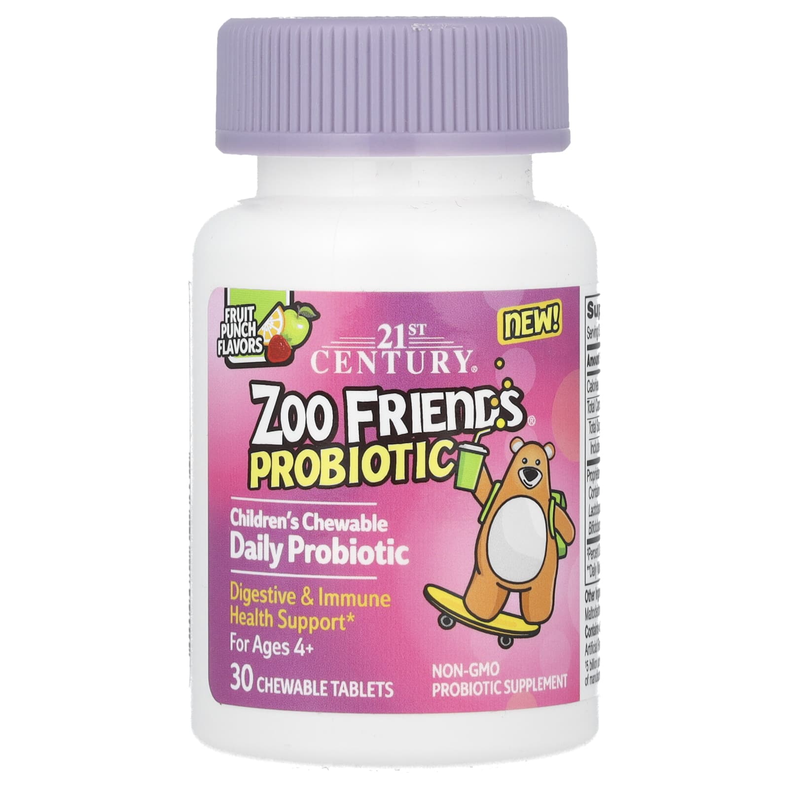 21st Century-Zoo Friends-Children's Chewable Probiotic-Age 4+-Fruit Punch-30 Chewable Tablets