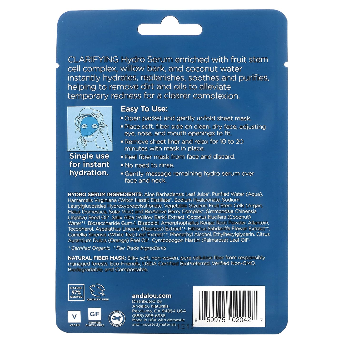 Andalou Naturals, Instant Pure Pore, Hydro Serum Beauty Facial Beauty Mask, 1 Fiber Sheet Mask, 0.6 fl oz (18 ml)