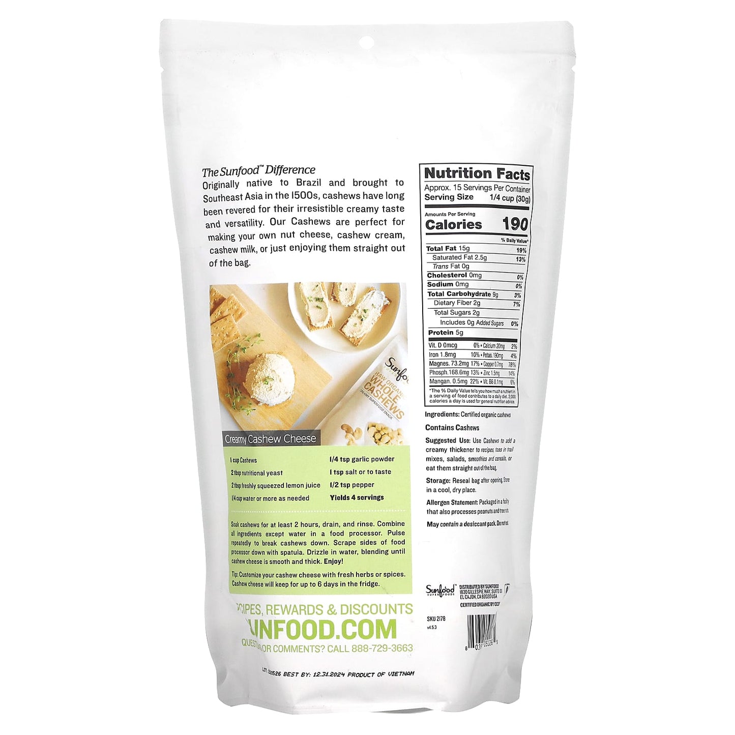 Sunfood, Raw Organic Whole Cashews, 1 lb (454 g)