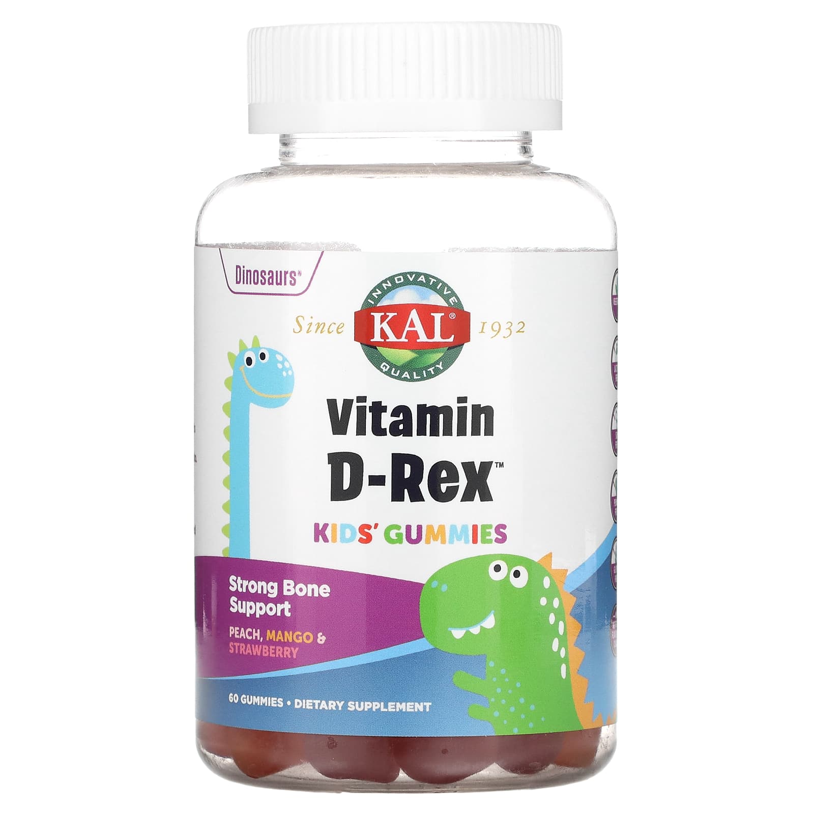 KAL-Kids Vitamin D-Rex Gummies-Peach-Mango & Strawberry-60 Gummies