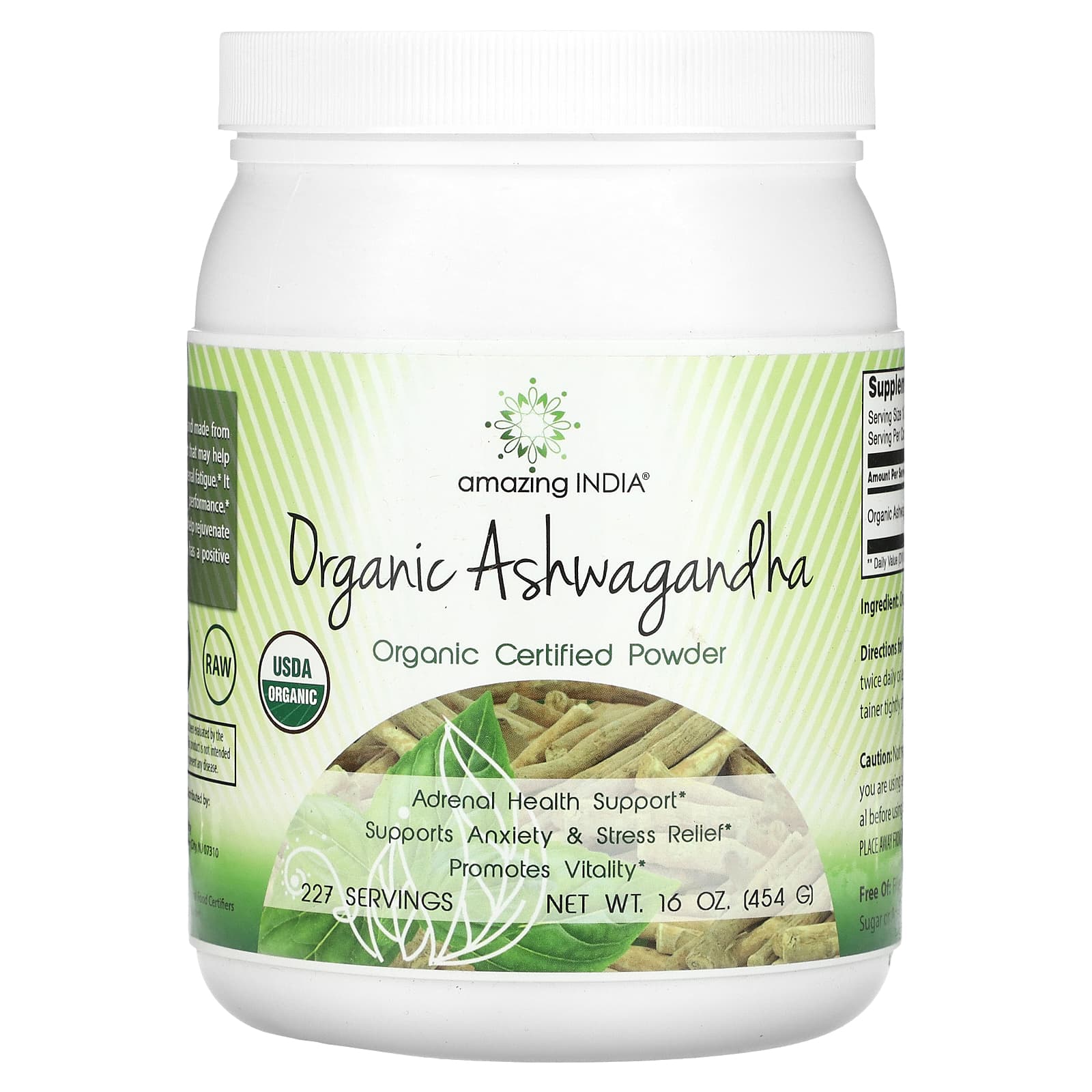 Amazing India-Organic Ashwagandha-Organic Certified Powder-16 oz (454 g)