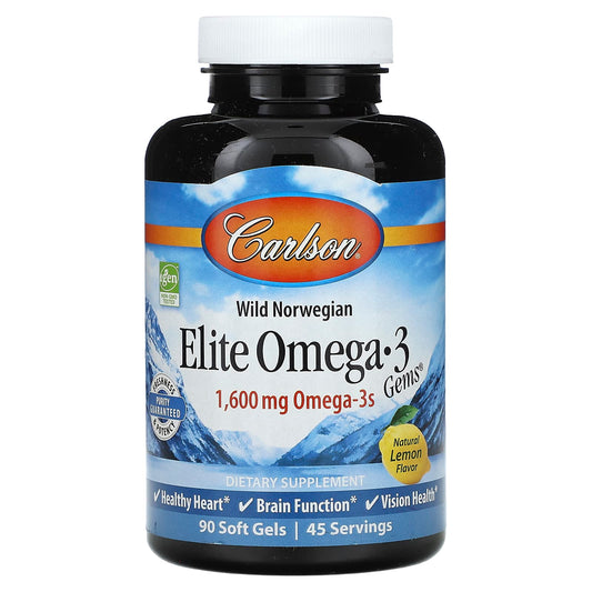 Carlson-Wild Norwegian-Elite Omega-3 Gems-Natural Lemon-1,600 mg-90 Soft Gels (800 mg per Soft Gel)