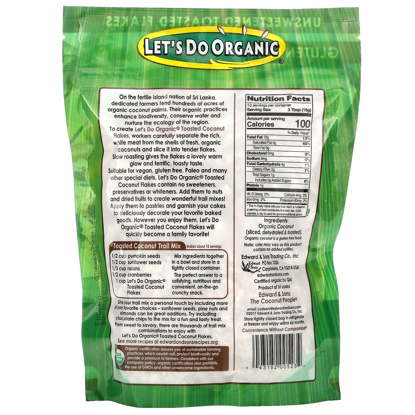 Edward & Sons, Let's Do Organic, 100% Organic Unsweetened Toasted Coconut Flakes, 7 oz (200 g)