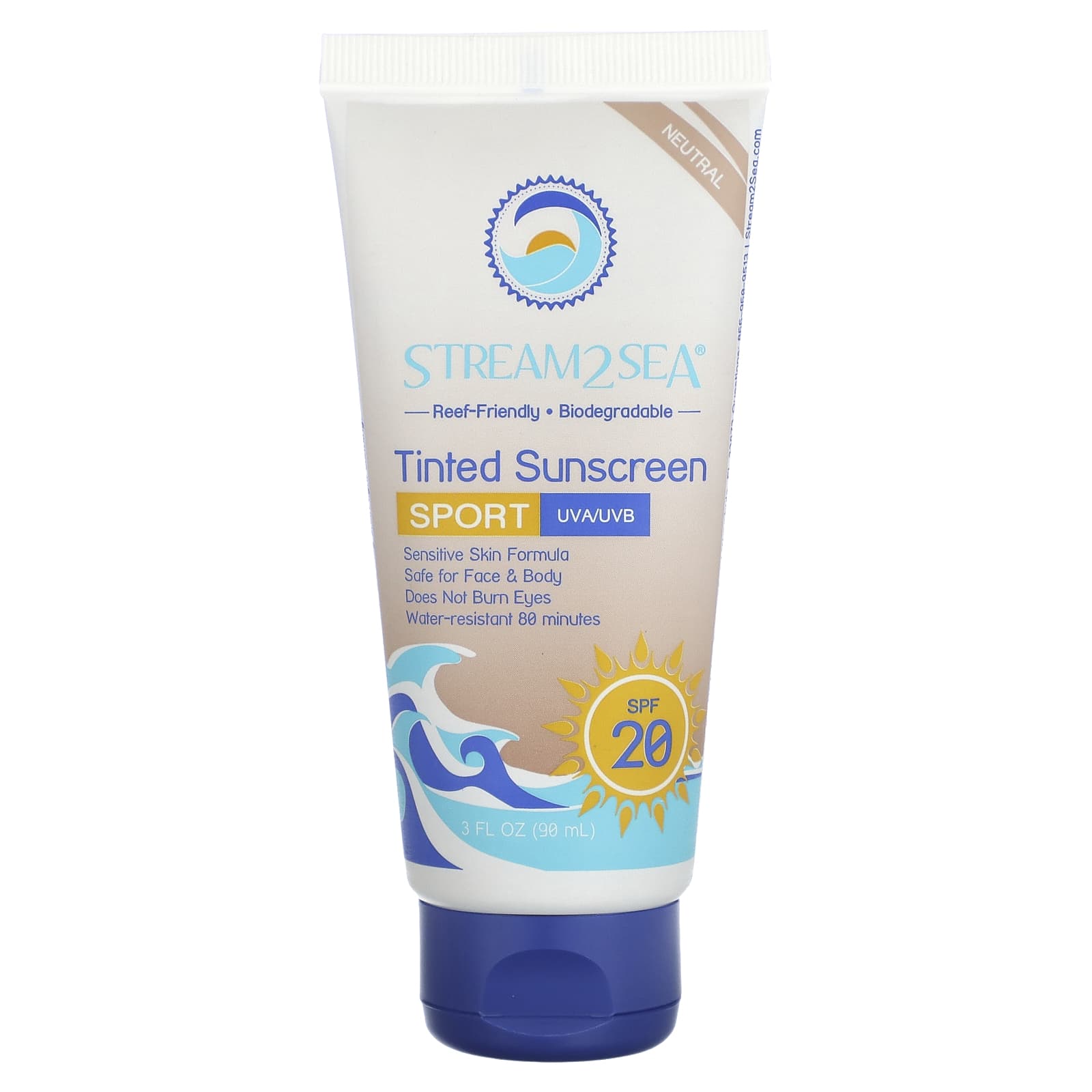 Stream2Sea-Tinted Sunscreen-Sport-SPF 20-Neutral-Fragrance Free-3 fl oz (90 ml)