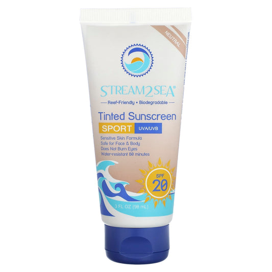 Stream2Sea-Tinted Sunscreen-Sport-SPF 20-Neutral-Fragrance Free-3 fl oz (90 ml)