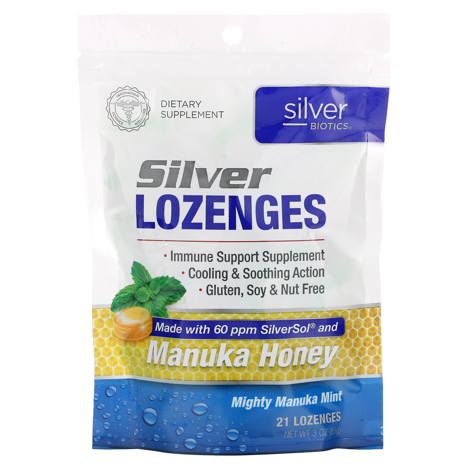 American Biotech Labs-Silver Biotics-Mighty Manuka Mint-21 Lozenges-3 oz (85 g)