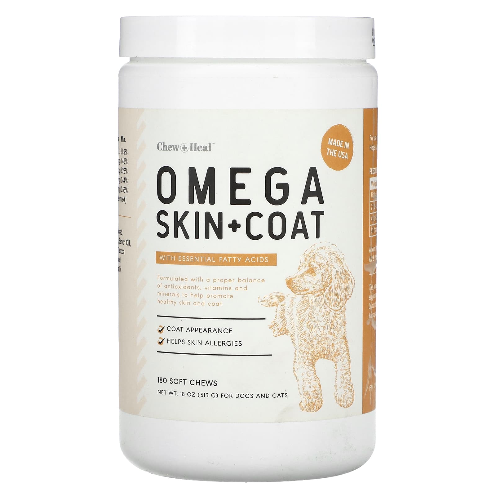 Chew + Heal-Omega Skin + Coat-with Essential Fatty Acids-For Dogs and Cats-180 Soft Chew-18 oz (513 g)