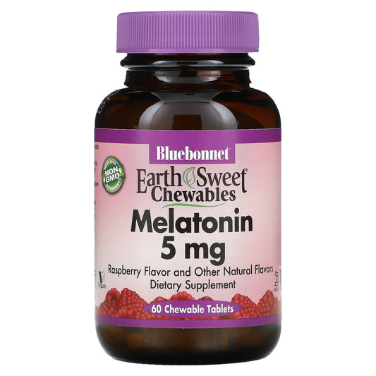 Bluebonnet Nutrition-Earth Sweet Chewables-Melatonin-Raspberry-5 mg-60 Chewable Tablets