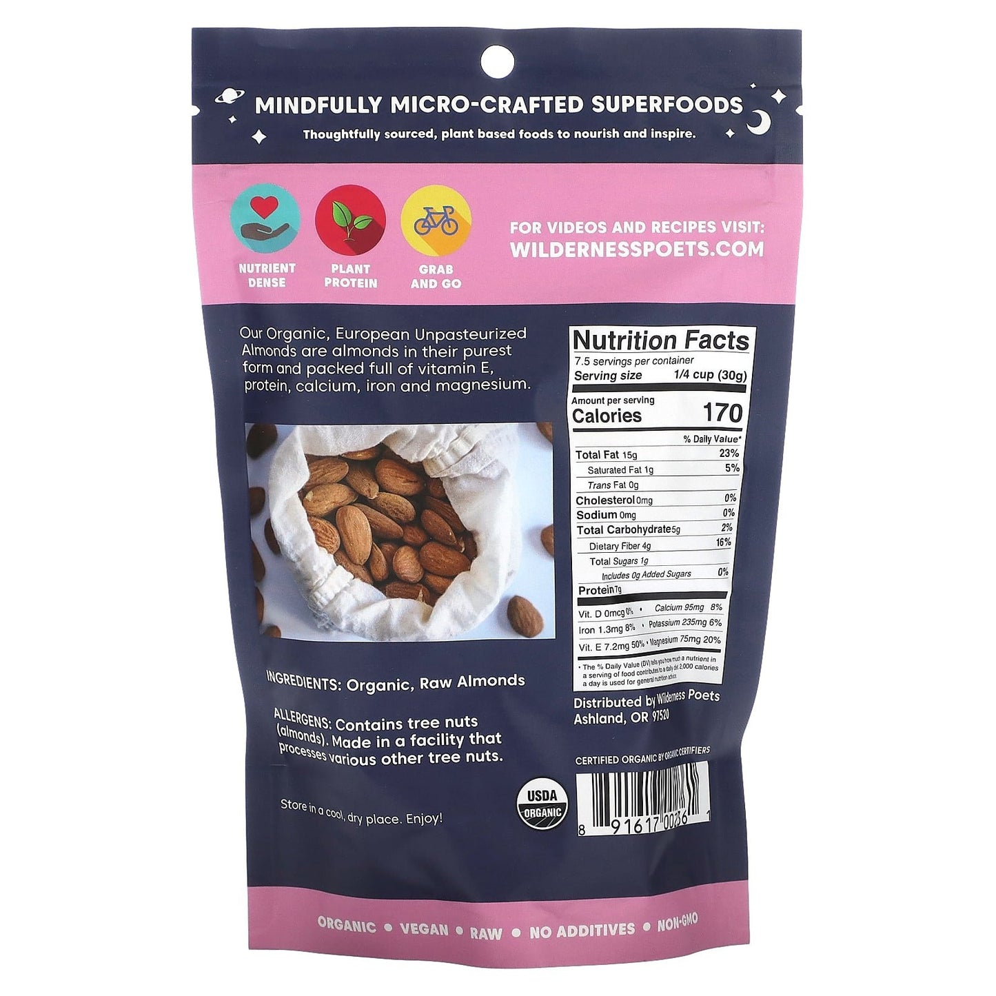 Wilderness Poets, Organic Unpasteurized Almonds, Unsalted, 8 oz (226 g)