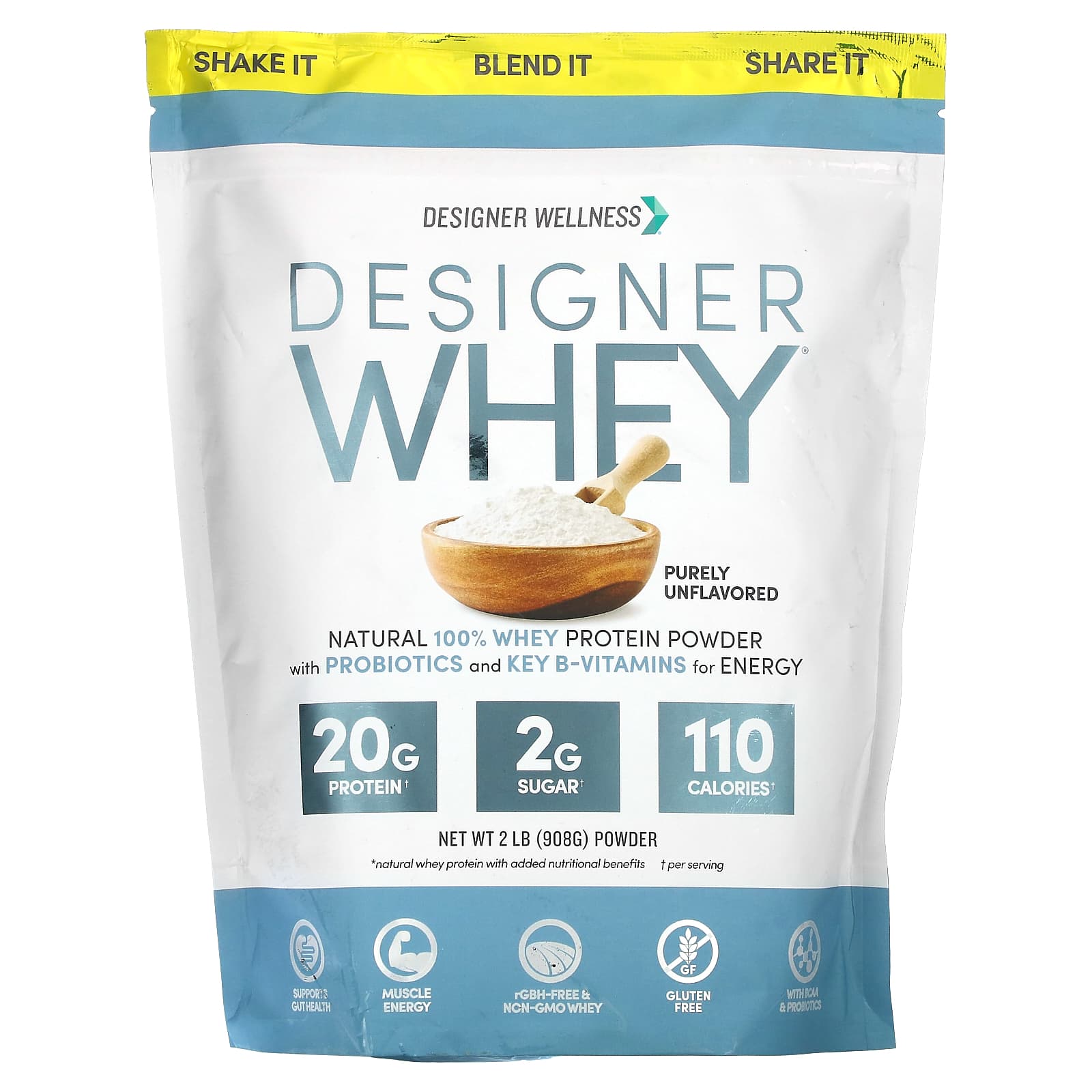 Designer Wellness-Designer Whey-Natural 100% Whey Protein Powder-Purely Unflavored-2 lb (908 g)