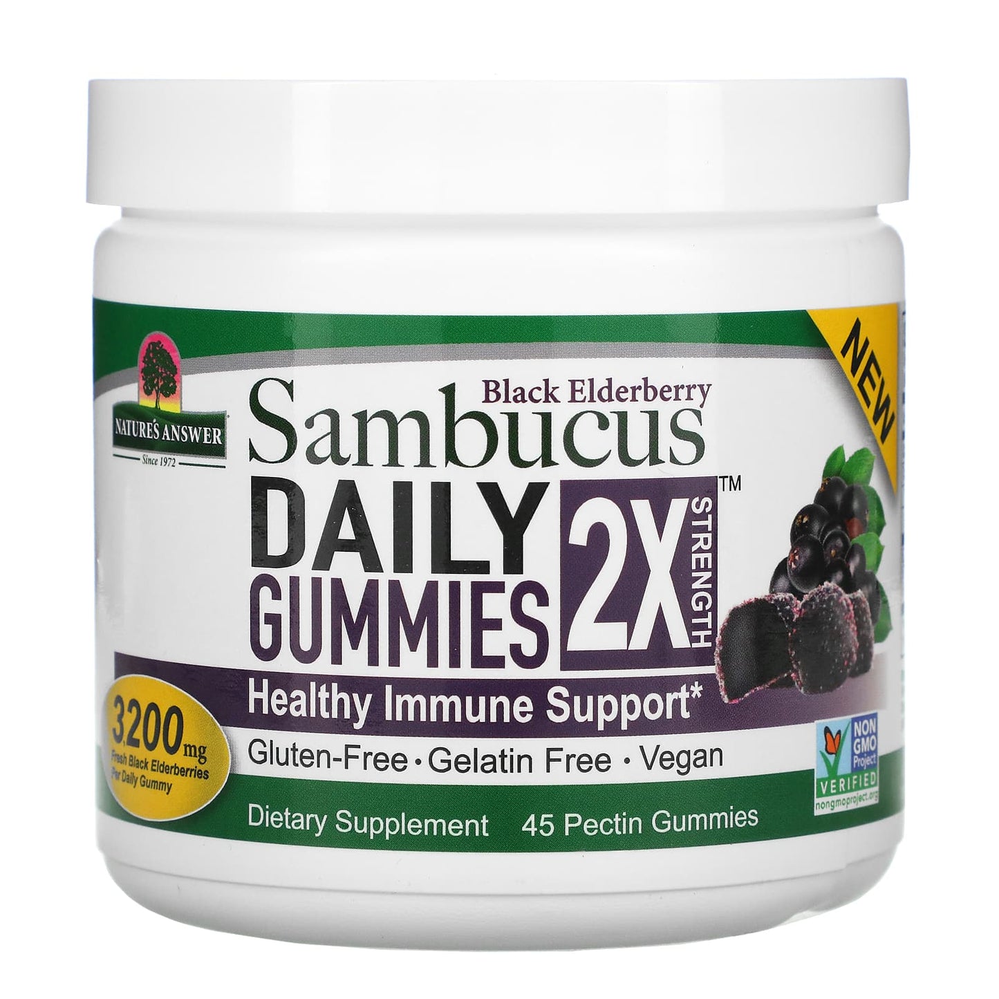 Nature's Answer-Black Elderberry Sambucus Daily Gummies-2X Strength-3,200 mg-45 Pectin Gummies