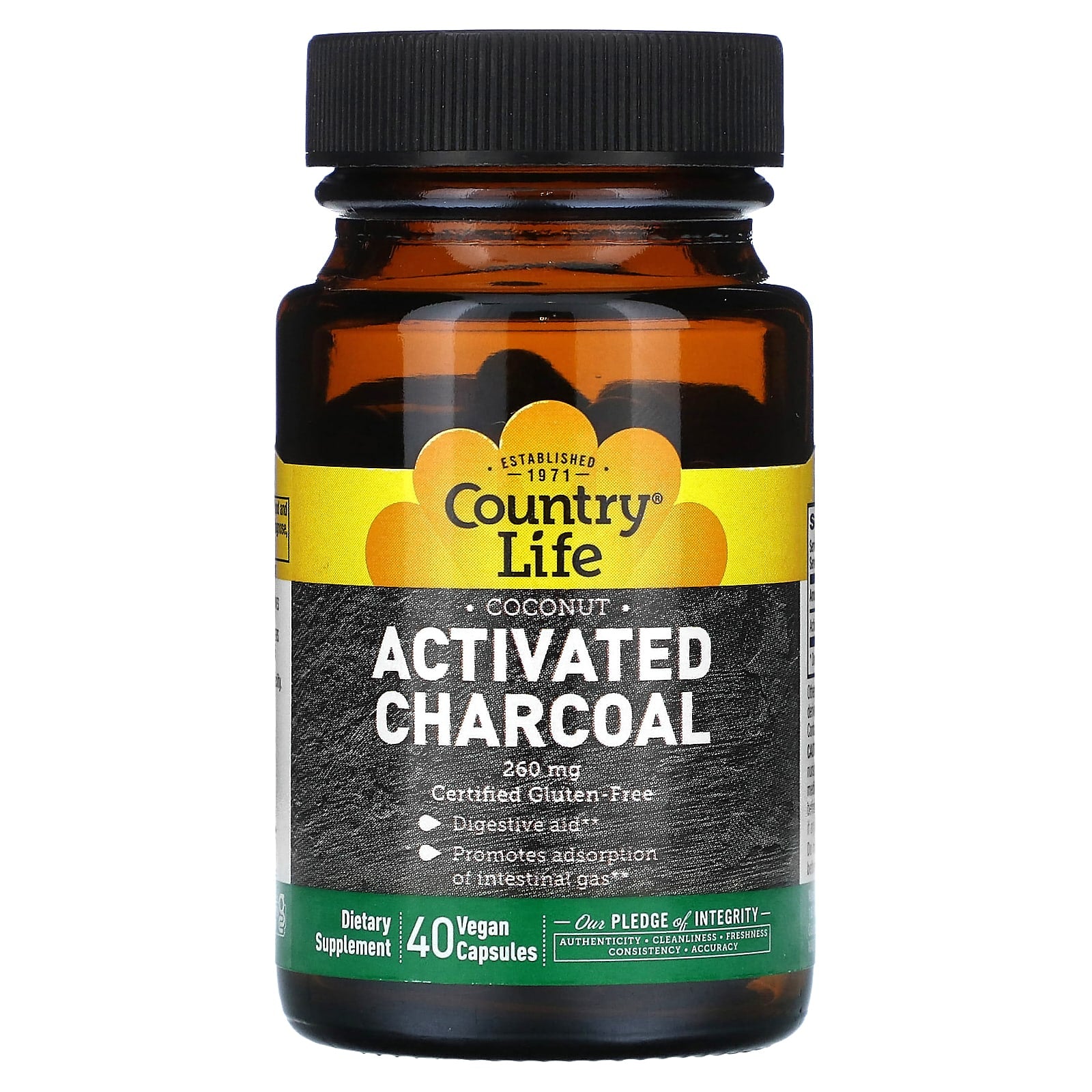 Country Life-Coconut Activated Charcoal-260 mg-40 Vegan Capsules