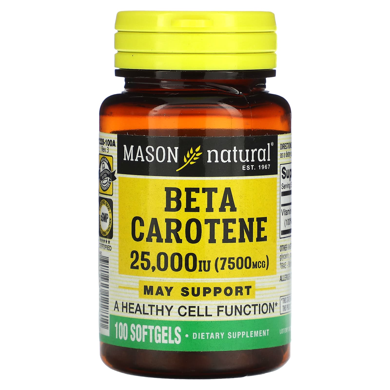 Mason Natural-Beta Carotene-25,000 IU (7500 mcg)-100 Softgels