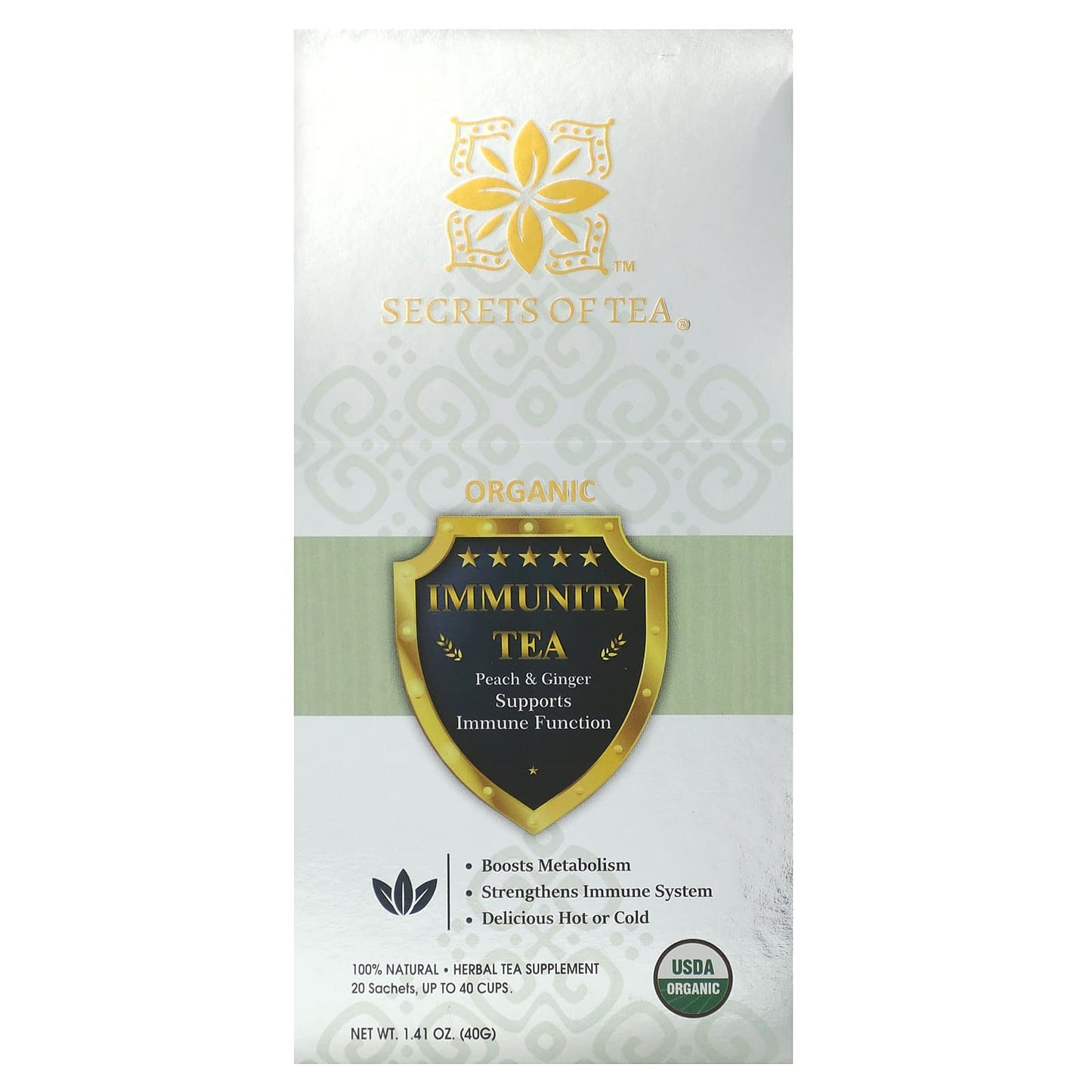 Secrets of Tea-Organic Immunity Tea-Peach & Ginger-20 Sachets-1.41 oz (40 g)