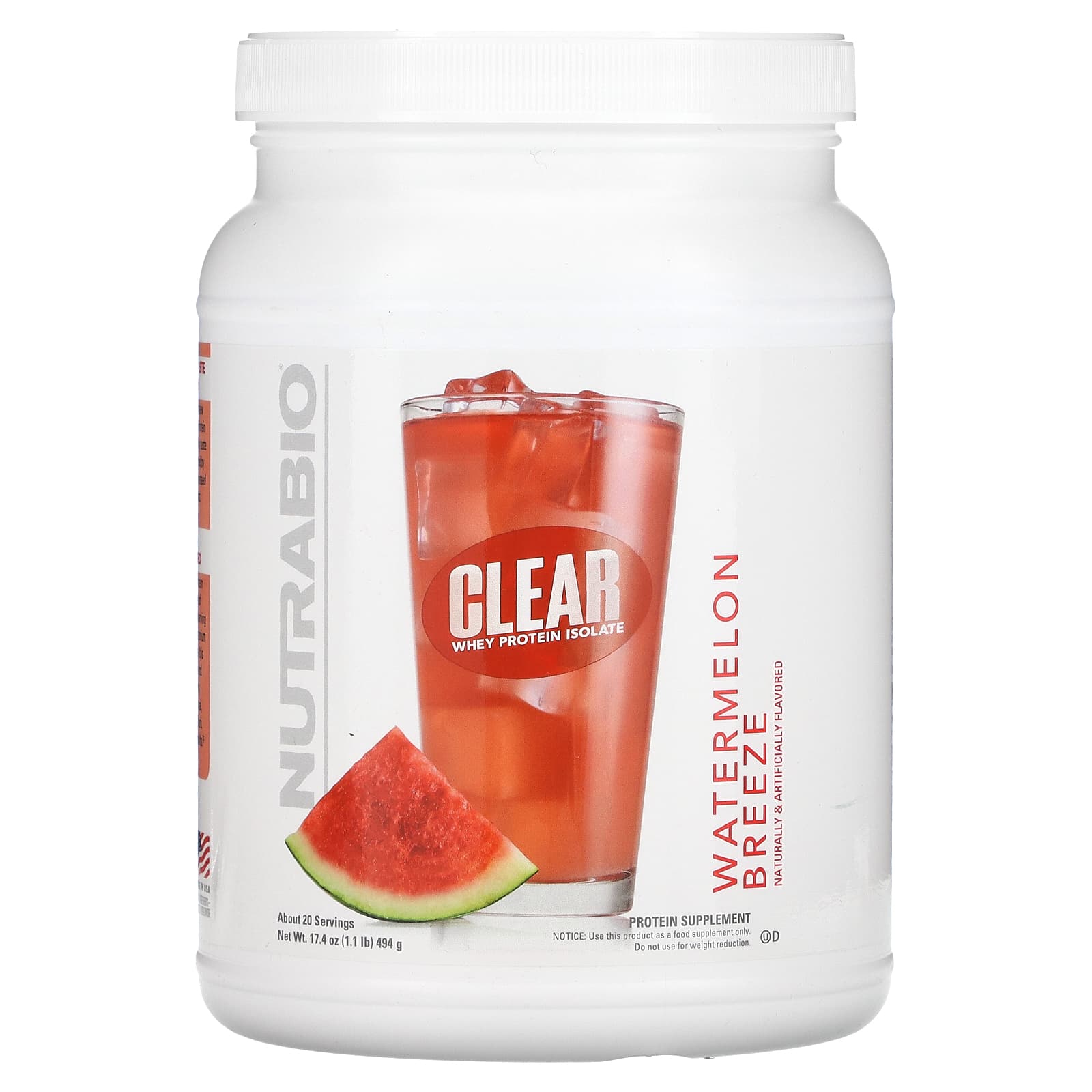 NutraBio-Clear-Whey Protein Isolate-Watermelon Breeze-1.1 lb (494 g)