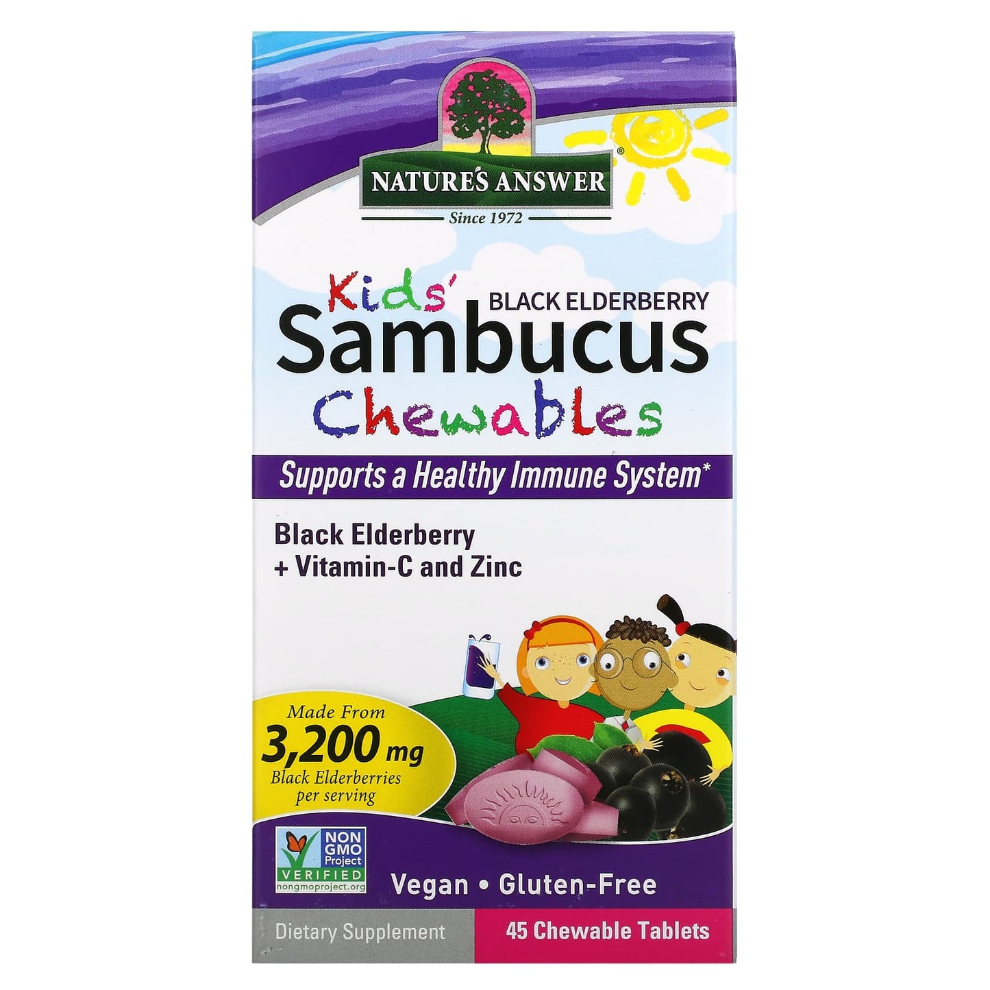 Nature's Answer-Kid's Sambucus Chewables-Black Elderberry + Vitamin-C and Zinc-45 Chewable Tablets