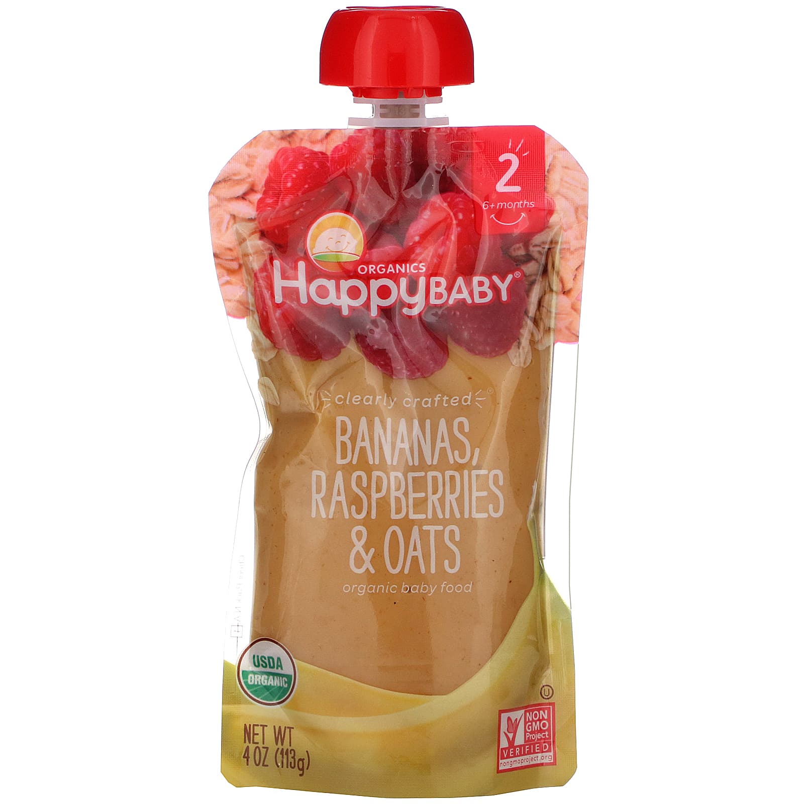 Happy Family Organics-Happy Baby-Organic Baby Food-6+ Months-Bananas-Raspberries & Oats-4 oz (113 g)