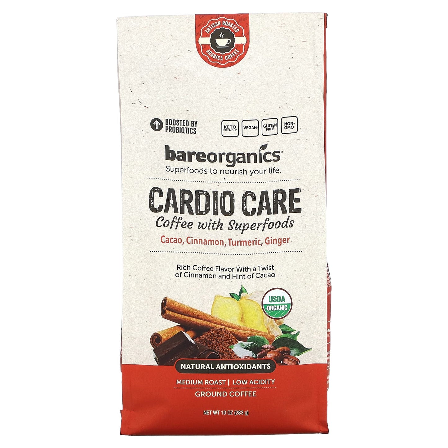 BareOrganics-Cardio Care-Coffee With Superfoods-Ground-Medium Roast-10 oz (283 g)