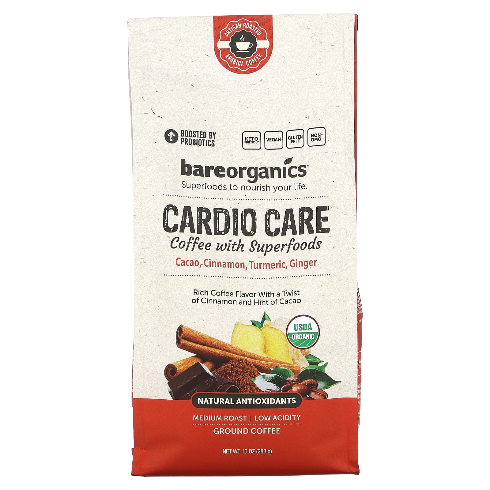 BareOrganics-Cardio Care-Coffee With Superfoods-Ground-Medium Roast-10 oz (283 g)