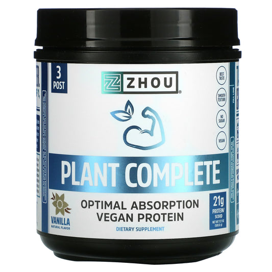 Zhou Nutrition-Plant Complete-Optimal Absorption Vegan Protein-Vanilla-17.7 oz (500.8 g)