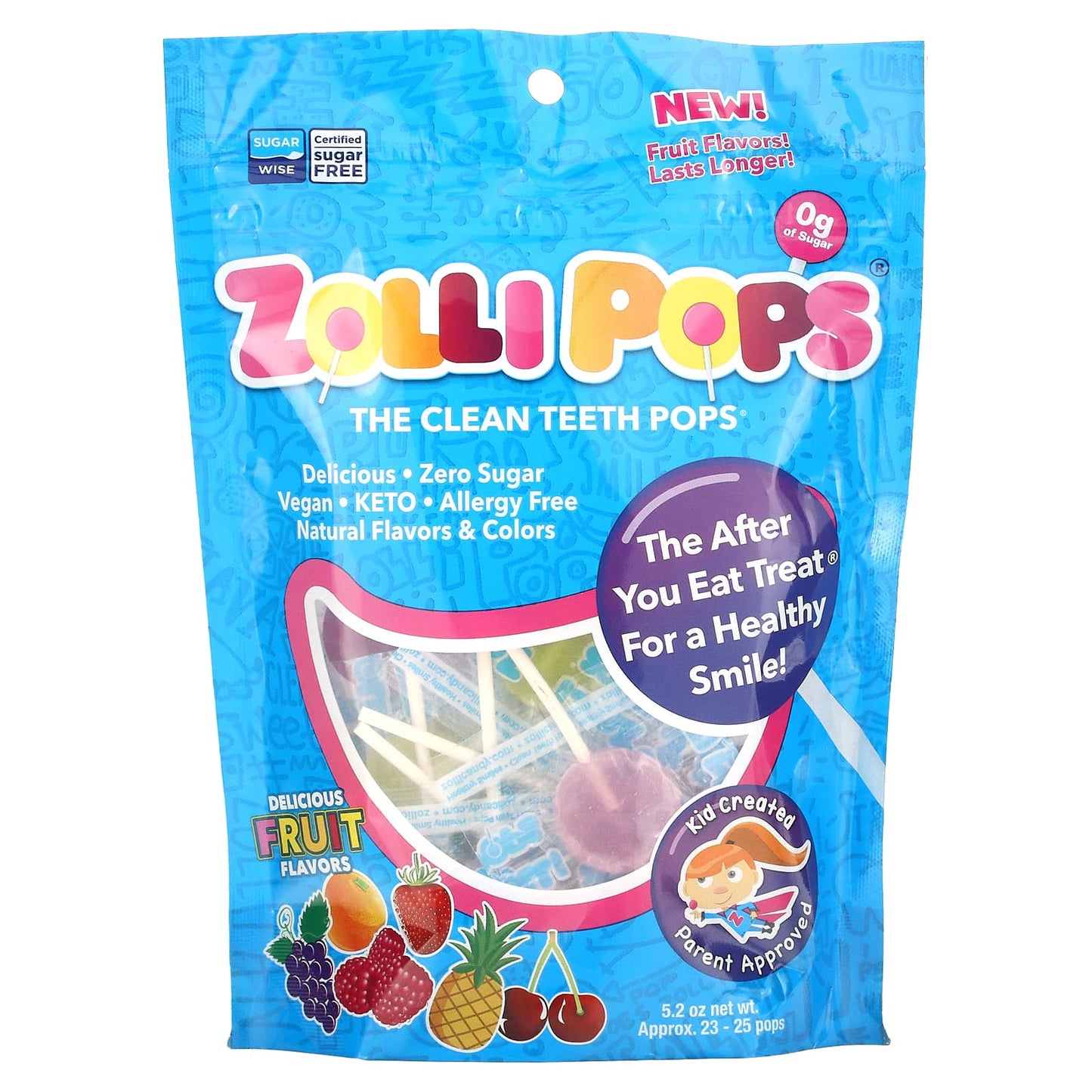 Zollipops-The Clean Teeth Pops-Fruit Flavors-Approx. 23-25 Pops-5.2 oz