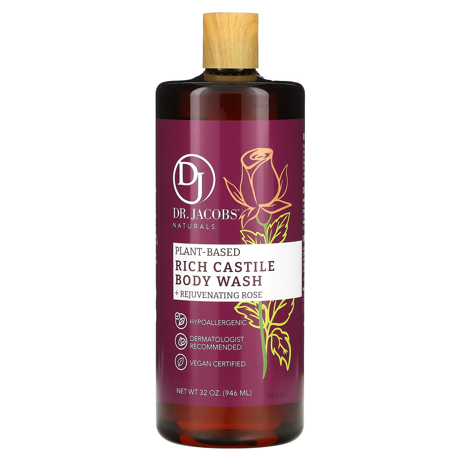 Dr. Jacobs Naturals-Plant Based Rich Castile Body Wash-Rejuvenating Rose-32 oz (946 ml)