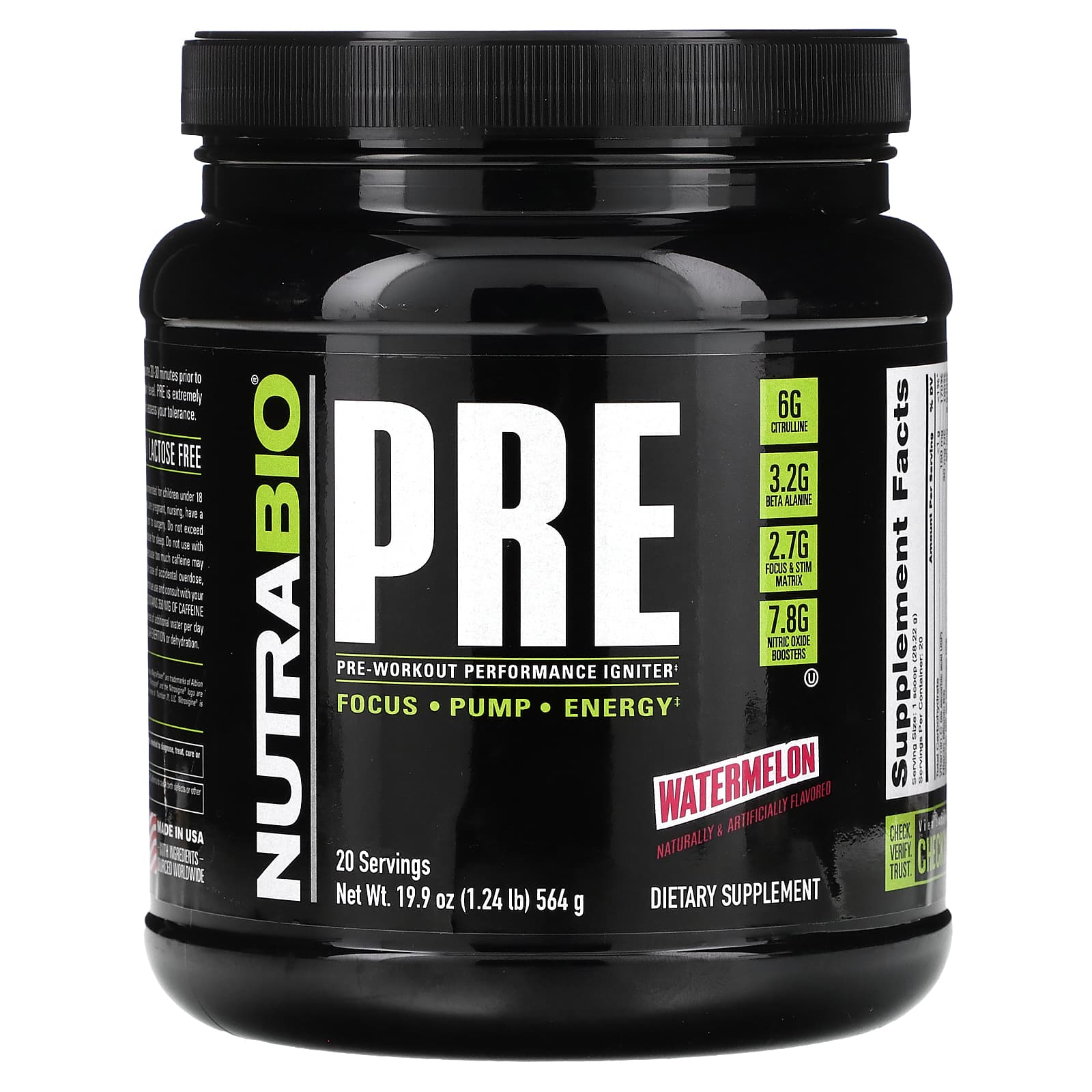 NutraBio-Pre-Workout Performance Igniter-Watermelon-1.24 lb (564 g)