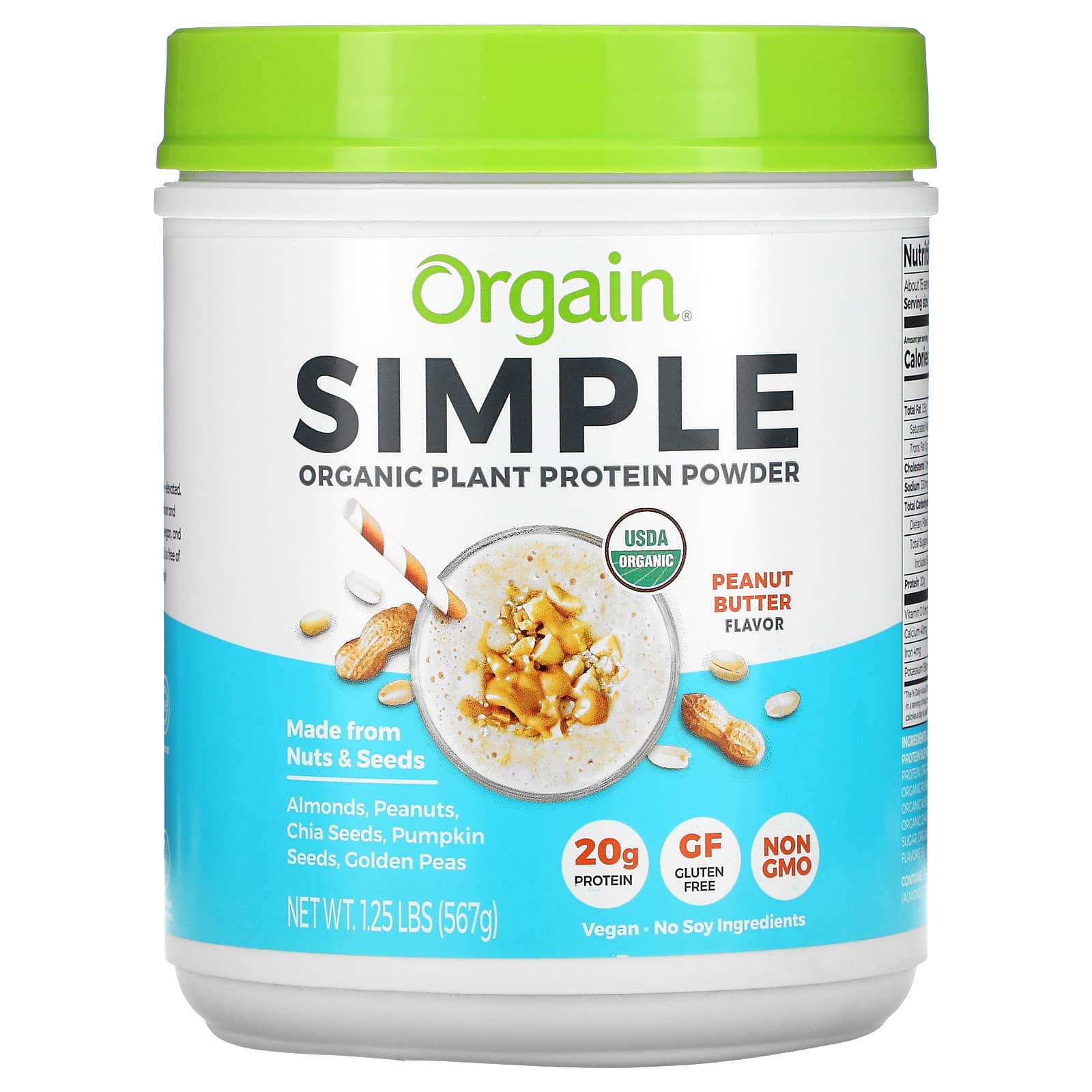 Orgain-Simple-Organic Plant Protein Powder-Peanut Butter-1.25 lb (567 g)