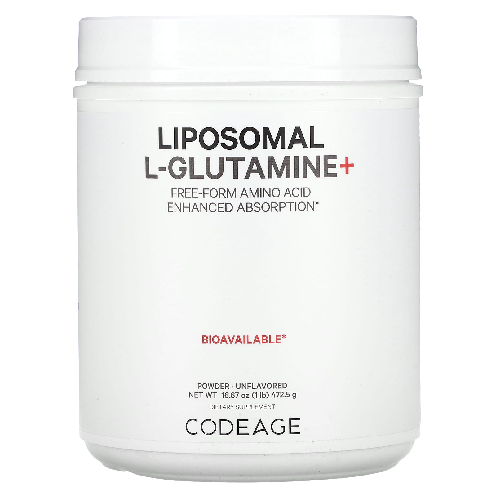 Codeage-Liposomal L-Glutamine+ Powder-Free-Form Amino Acid-Enhanced Absorption-Unflavored-1 lb (472.5 g)