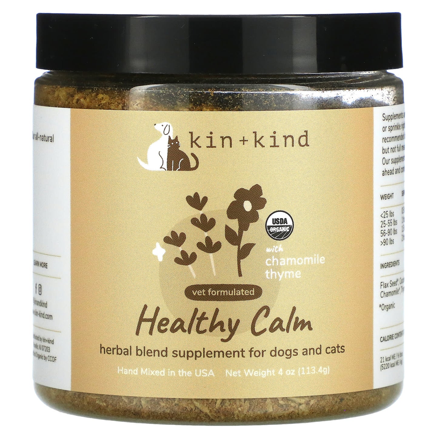 Kin+Kind-Healthy Calm-Herbal Blend Supplement for Dogs and Cats-With Chamomile-Thyme-4 oz (113.4 g)