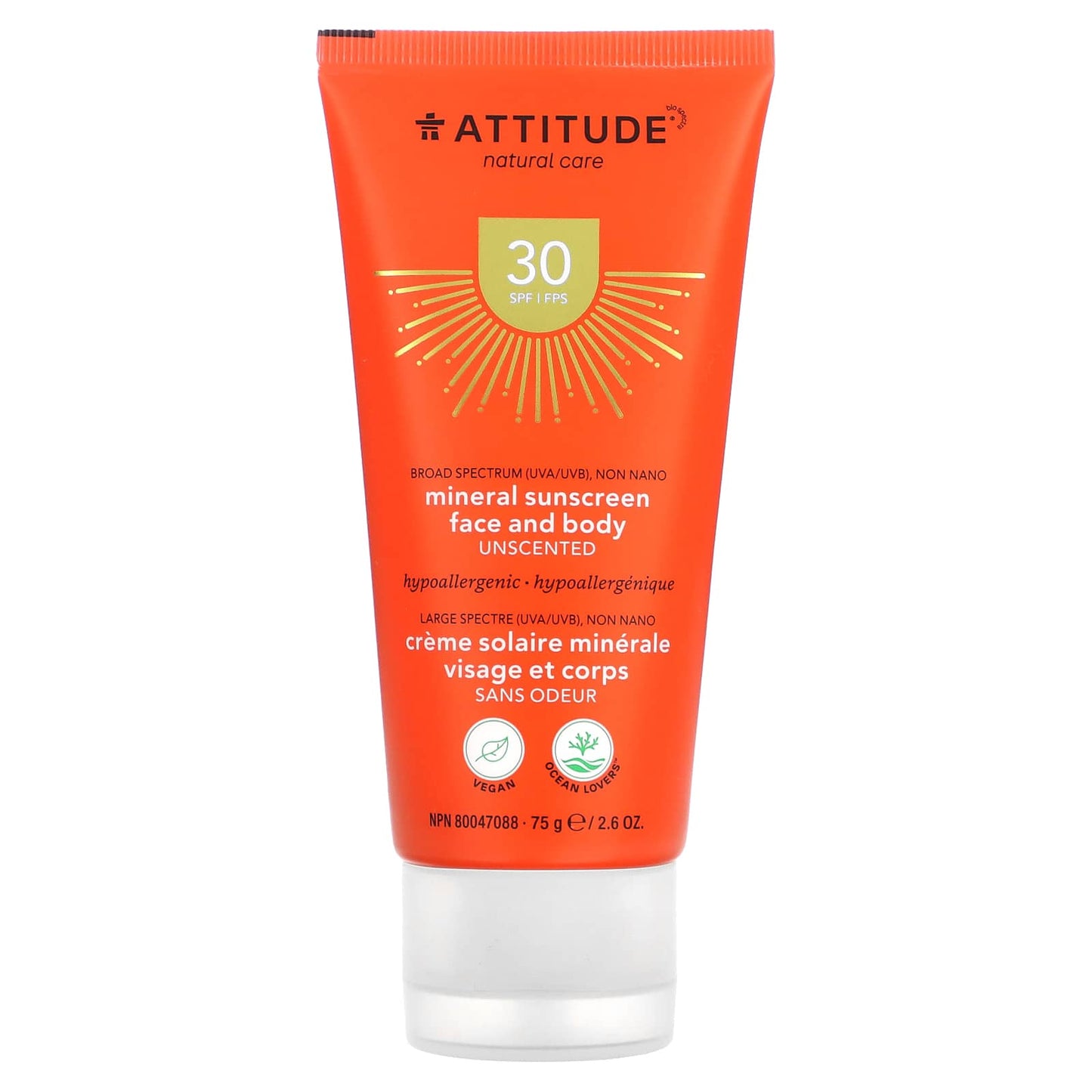 ATTITUDE-Mineral Sunscreen Face and Body-SPF 30-Unscented-2.6 oz (75 g)