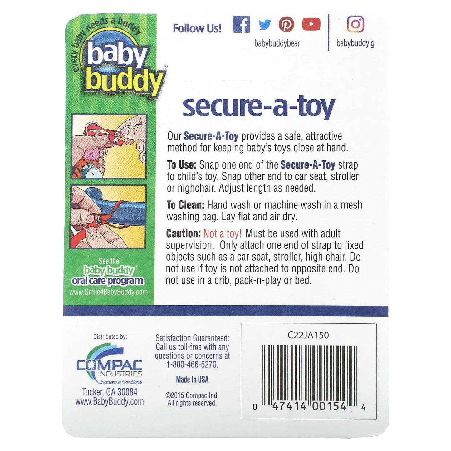 Baby Buddy, Secure-A-Toy, 4+ Months, Pink and Purple, 2 Straps