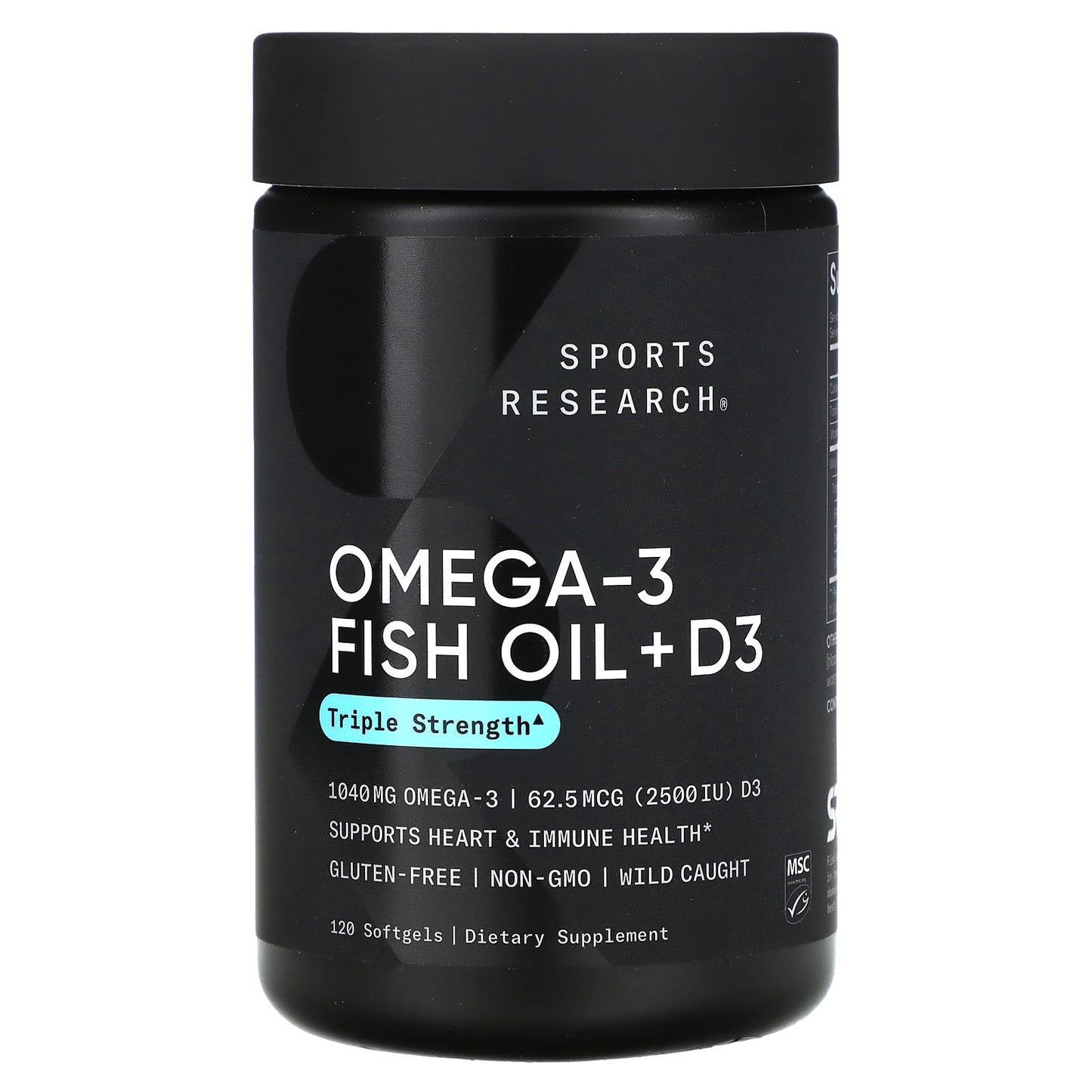 Sports Research-Omega-3 Fish Oil + D3-Triple Strength -1,040 mg & 62.5 mcg (2,500 IU)-120 Softgels