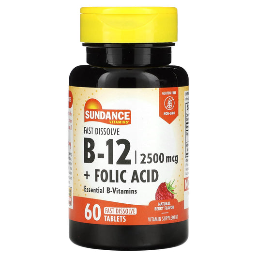 Sundance Vitamins-Fast Dissolve B-12 + Folic Acid-Natural Berry-60 Fast Dissolve Tablets