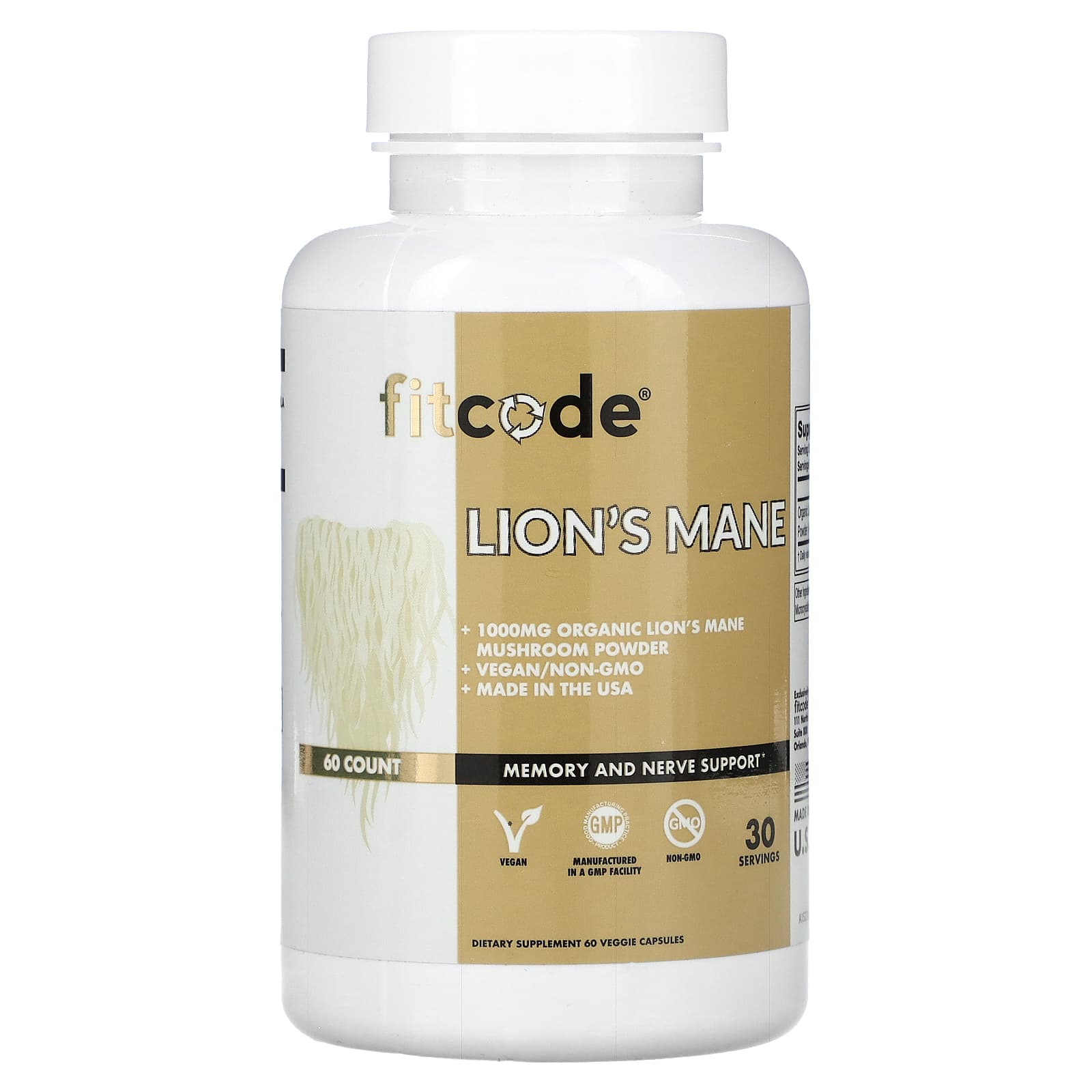 fitcode-Lion's Mane-1,000 mg-60 Veggie Capsules (500 mg per Capsule)