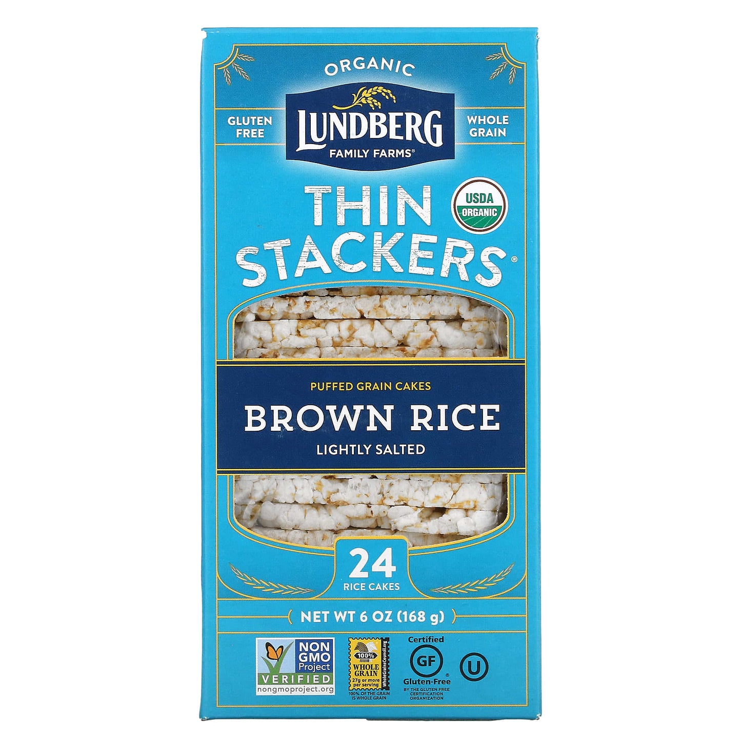 Lundberg-Organic Thin Stackers-Puffed Grain Cakes-Brown Rice-Lightly Salted- 24 Rice Cakes-6 oz (168 g)