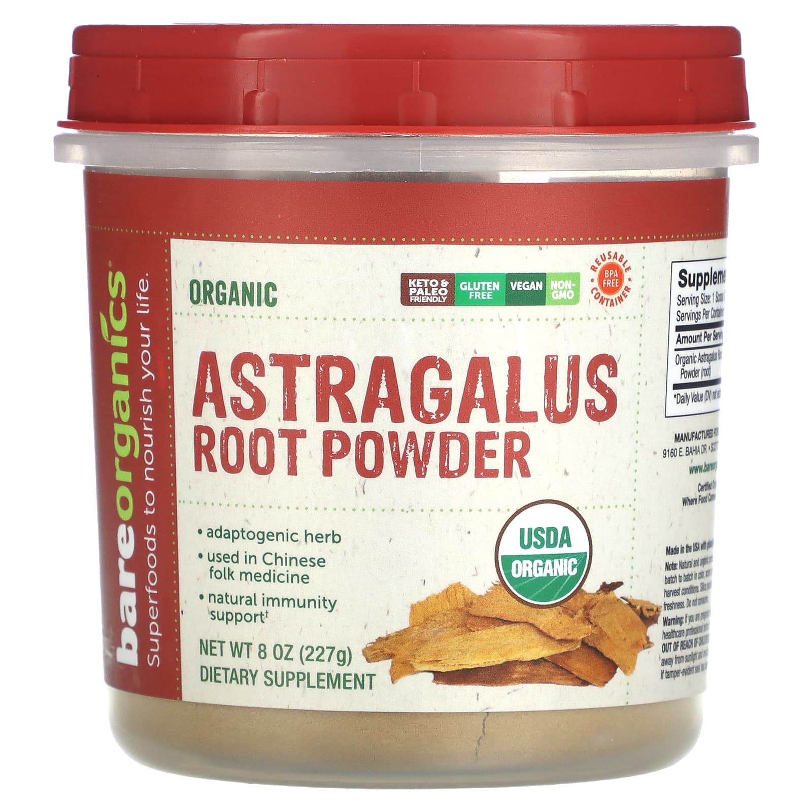 BareOrganics-Organic Astragalus Root Powder-8 oz (227 g)