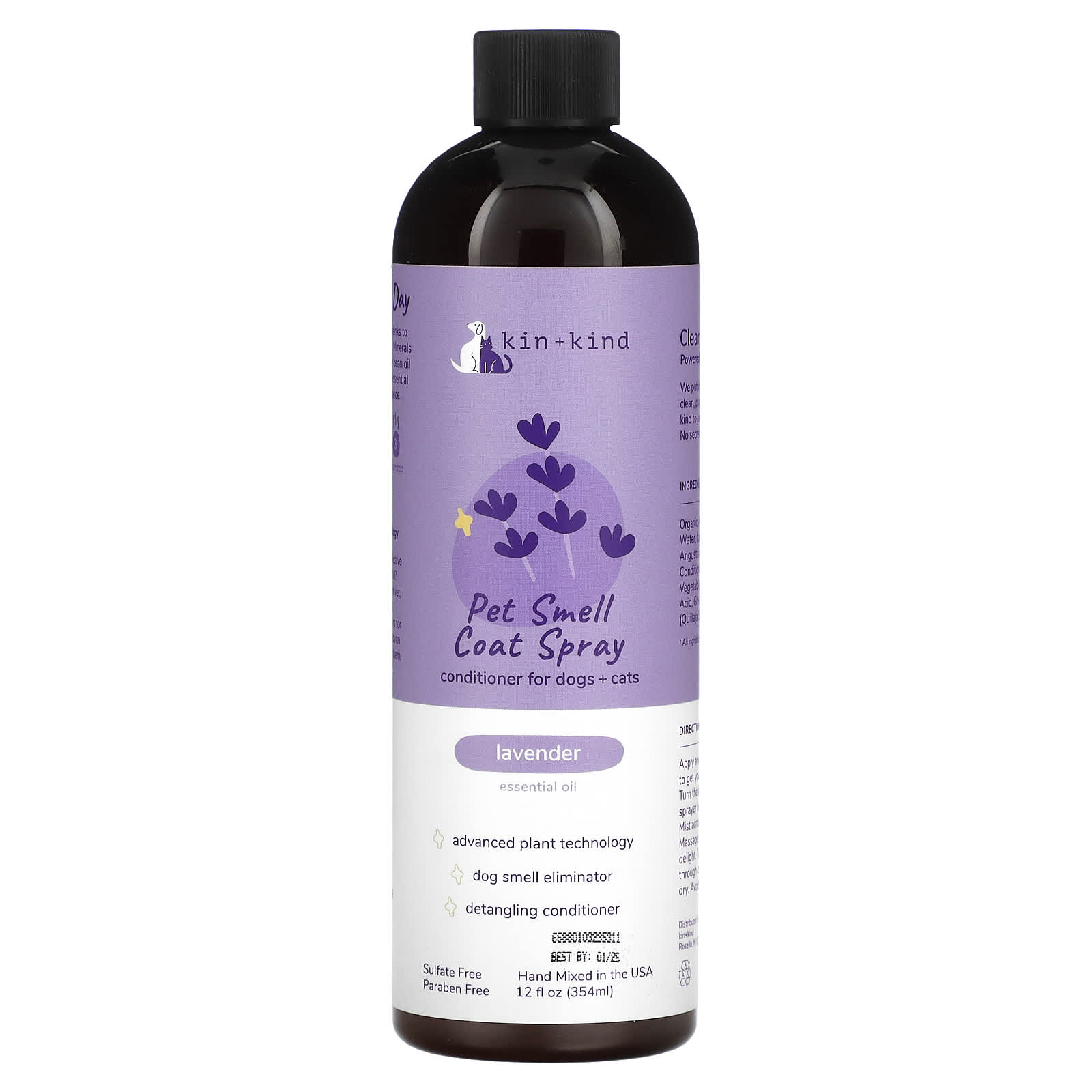 Kin+Kind-Pet Smell Coat Spray Conditioner-For Dogs + Cats-Lavender-12 fl oz (354 ml)