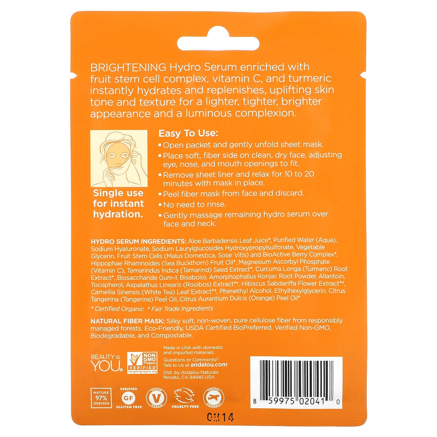 Andalou Naturals, Instant Brighten & Tighten, Hydro Serum Beauty Facial Mask, 1 Single Use Fiber Sheet Mask, 0.6 fl oz (18 ml)