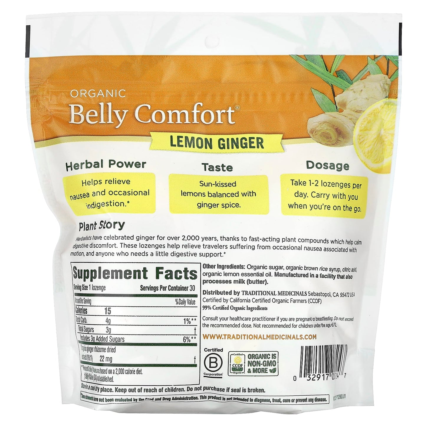 Traditional Medicinals, Organic Belly Comfort, Lemon Ginger, 30 Individually Wrapped Lozenges, 4.13 oz (117 g)