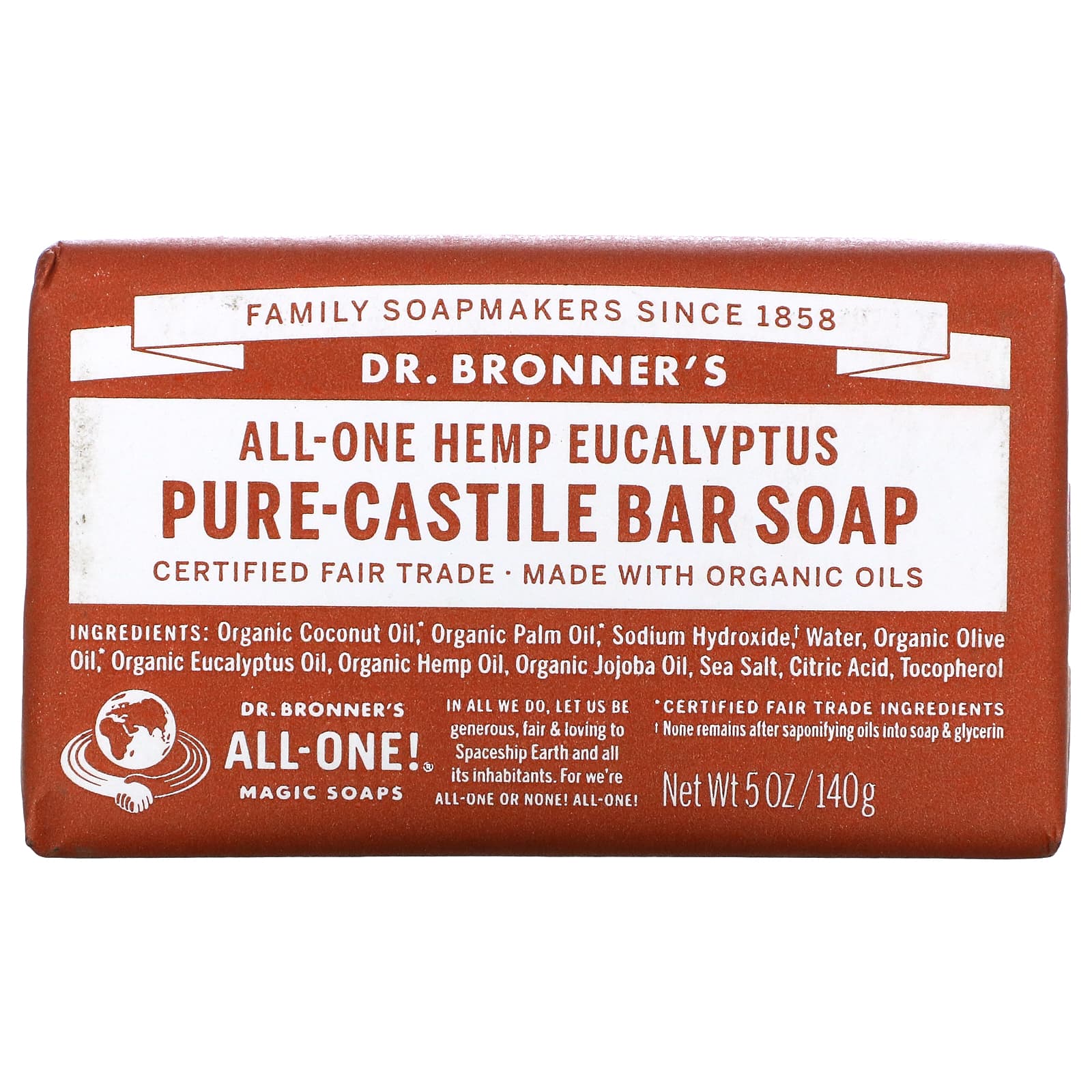 Dr. Bronner's-Pure-Castile Bar Soap-All-One Hemp-Eucalyptus-5 oz (140 g)