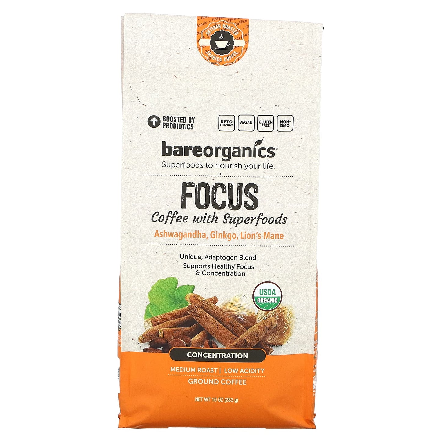 BareOrganics-Focus Coffee With Superfoods-Ground-Medium Roast-10 oz (283 g)