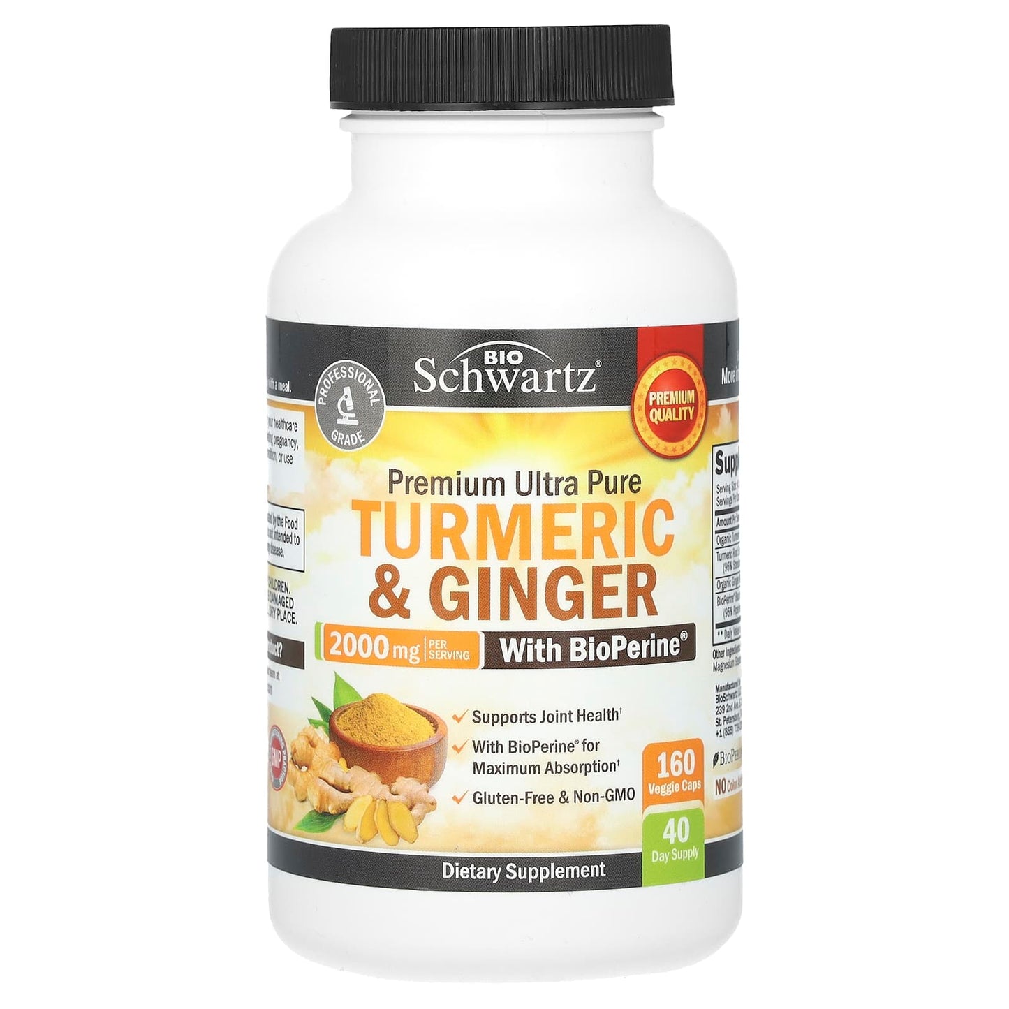 BioSchwartz-Premium Ultra Pure Turmeric & Ginger With BioPerine-2,000 mg-160 Veggie Caps (500 mg)