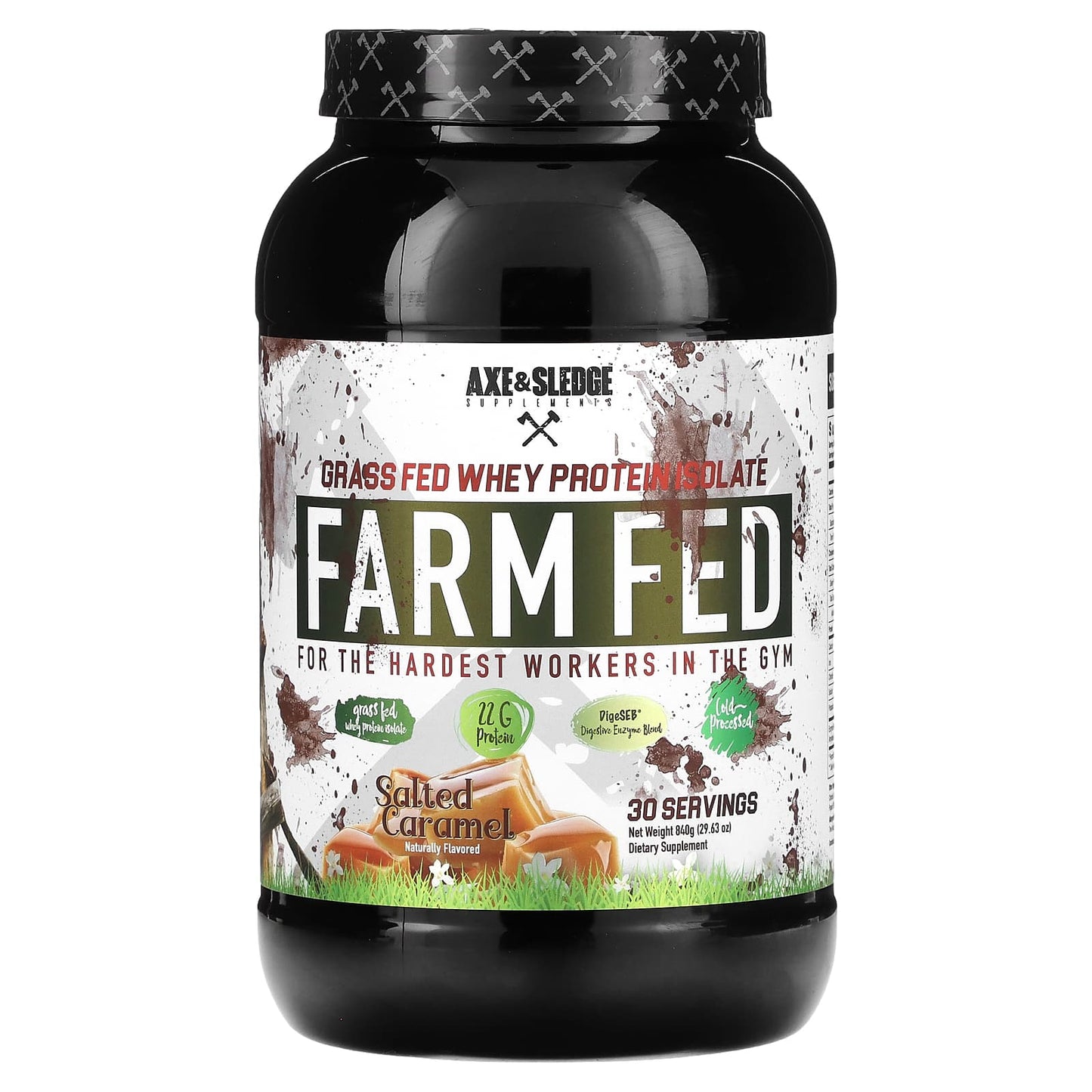 Axe & Sledge Supplements-Farm Fed-Grass Fed Whey Protein Isolate-Salted Caramel-29.63 oz (840 g)