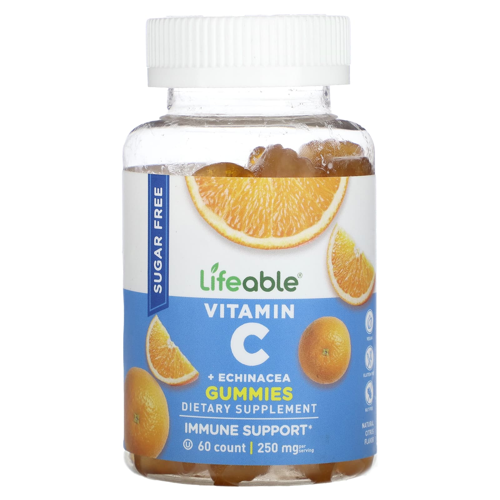 Lifeable-Vitamin C + Echinacea Gummies-Sugar Free-Natural Citrus-250 mg-60 Gummies (125 mg per Gummy)