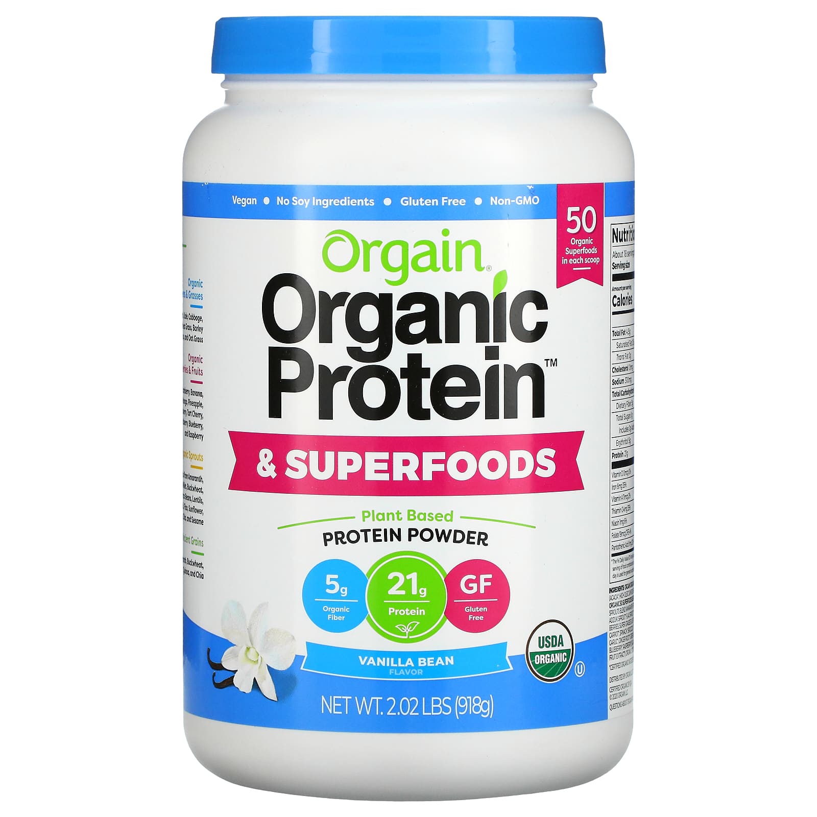 Orgain-Organic Protein & Superfoods Powder-Plant Based-Vanilla Bean-2.02 lbs (918 g)