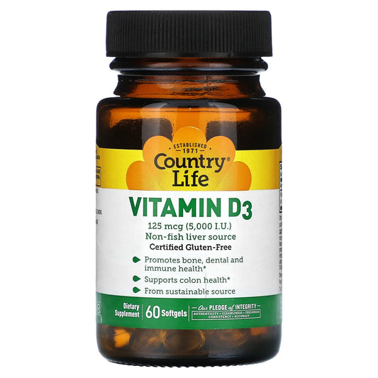 Country Life-Vitamin D3-125 mcg (5,000 IU)-60 Softgels